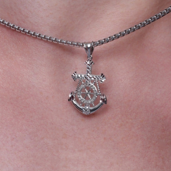 Sterling Silver 925 Rhodium Plated Diamond Cut Mariner Anchor Greek Key Pendant